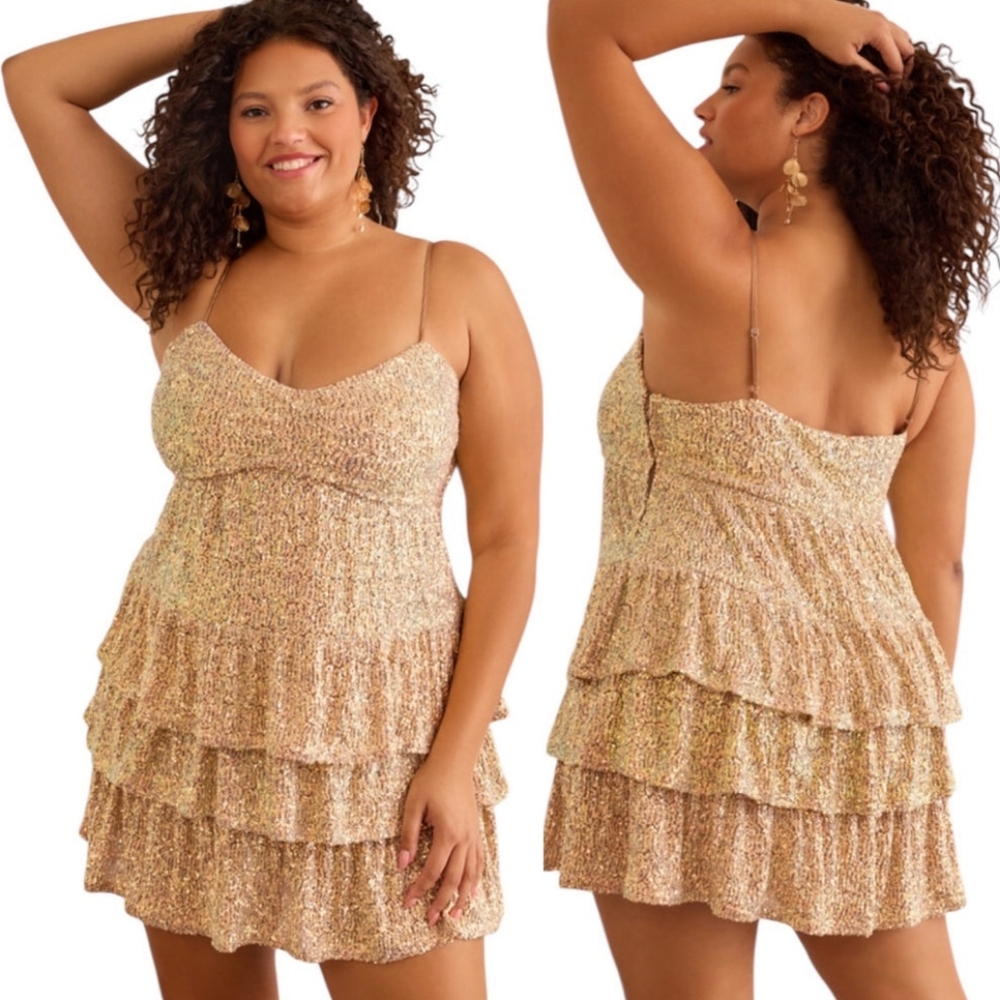 Altard State Janae Gold Sequin Tiered Mini Dress M